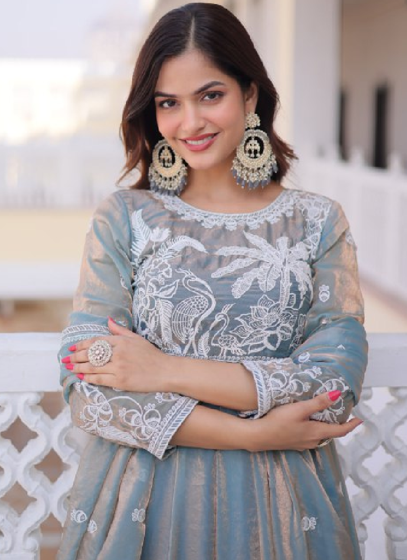 Satin Silk Sequence Embroidered Sky Blue Anarkali Gown