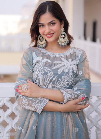 Satin Silk Sequence Embroidered Sky Blue Anarkali Gown