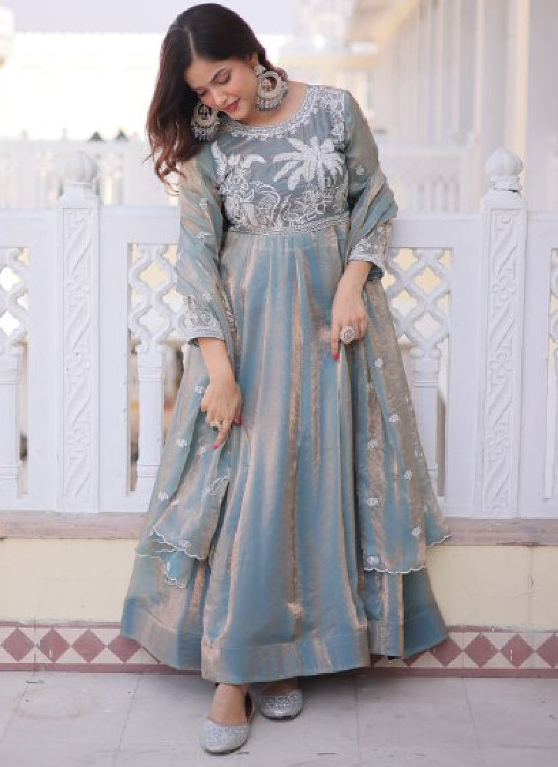 Satin Silk Sequence Embroidered Sky Blue Anarkali Gown