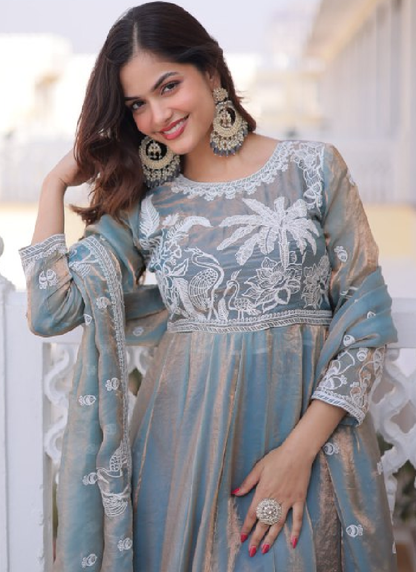 Satin Silk Sequence Embroidered Sky Blue Anarkali Gown