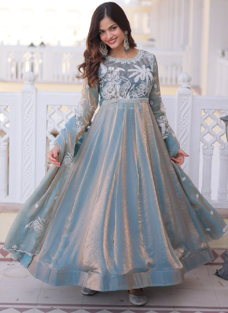 Satin Silk Sequence Embroidered Sky Blue Anarkali Gown