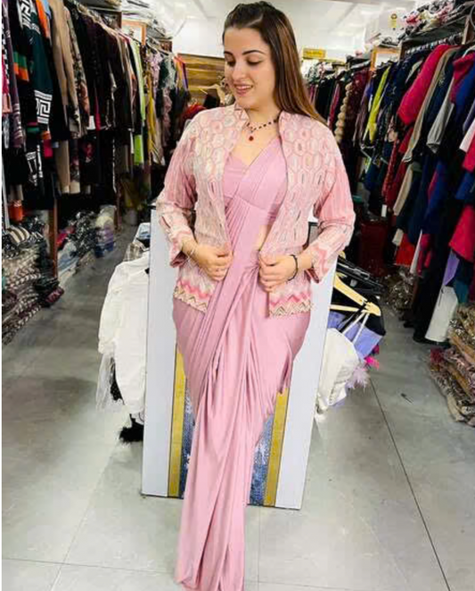 Beautiful Light Pink Pre-Stitched Draped one Minute Saree with Blouse & Jacket