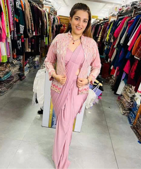 Beautiful Light Pink Pre-Stitched Draped one Minute Saree with Blouse & Jacket