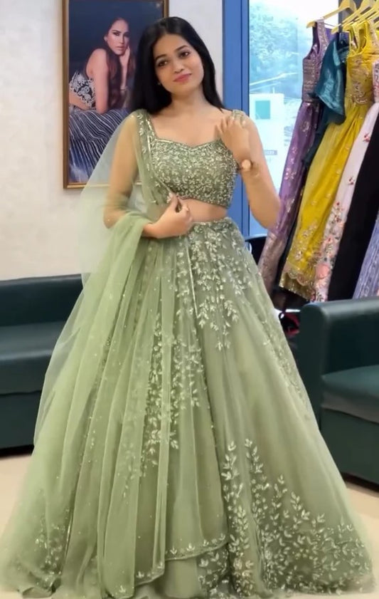 Soft net pista green colour lehenga choli set