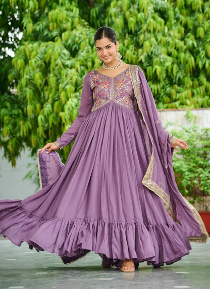 Sequence Embroidered Lavender Vichitra Silk Long Anarkali
