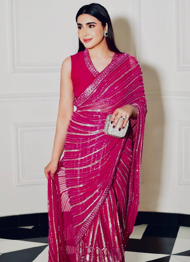 Sequence Work Designer Georgette Pink Saree With Blouse