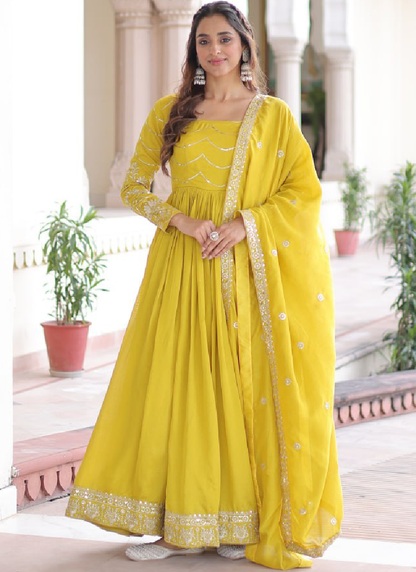 Vichitra Silk Haldi Wear Yellow Anarkali Long Gown