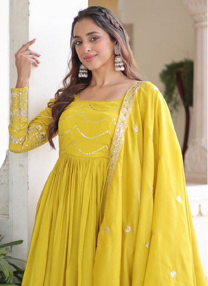 Vichitra Silk Haldi Wear Yellow Anarkali Long Gown