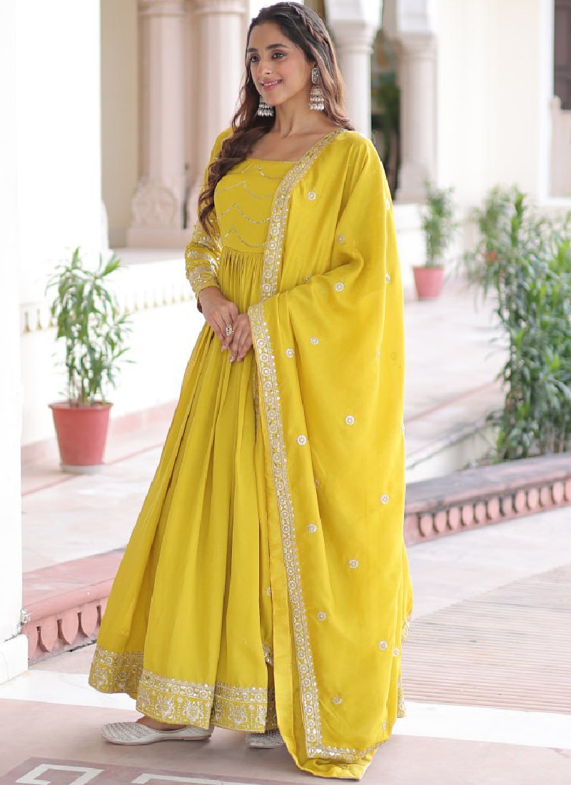 Vichitra Silk Haldi Wear Yellow Anarkali Long Gown