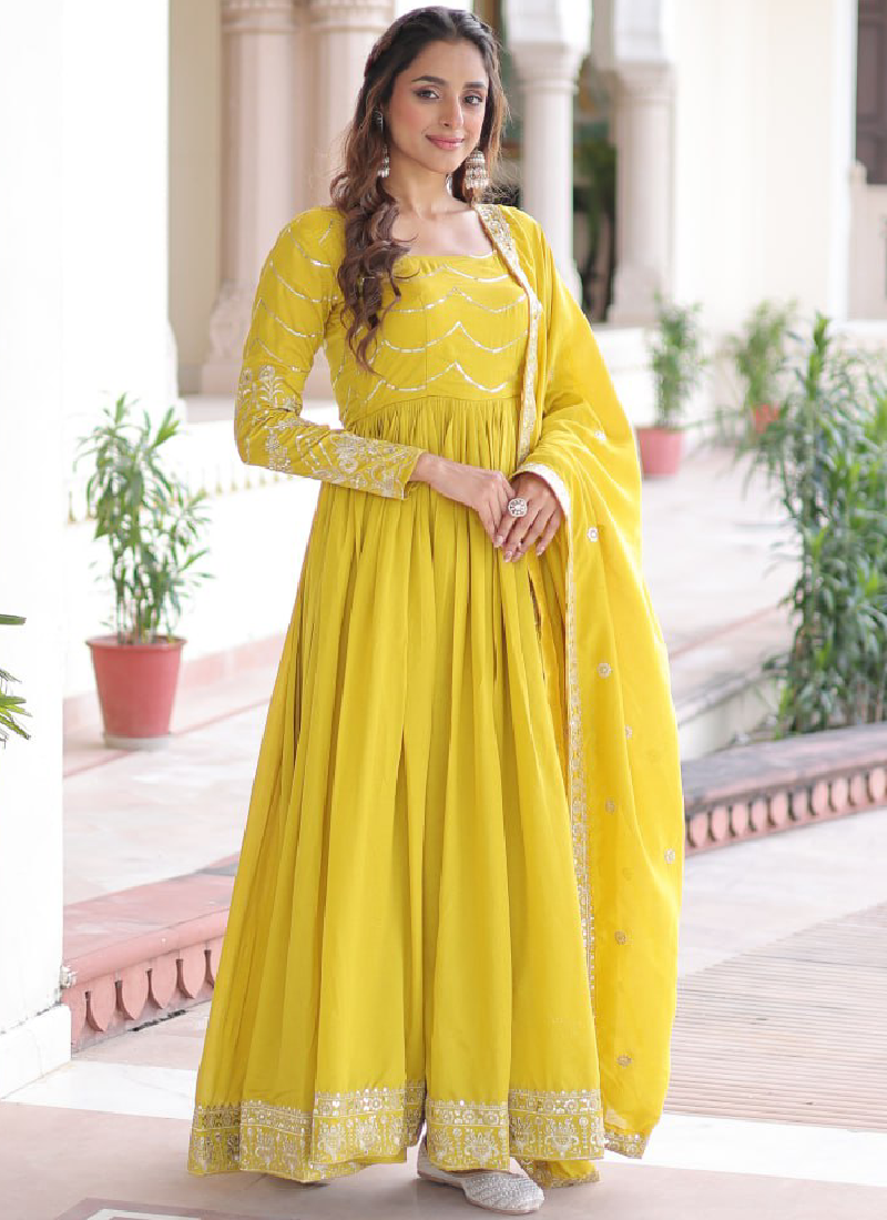 Vichitra Silk Haldi Wear Yellow Anarkali Long Gown