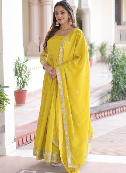 Vichitra Silk Haldi Wear Yellow Anarkali Long Gown