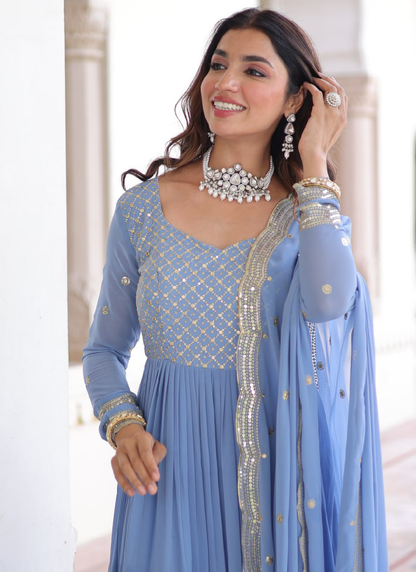 Sky Blue Faux Georgette Sequence Embroidered Three Layer Gown