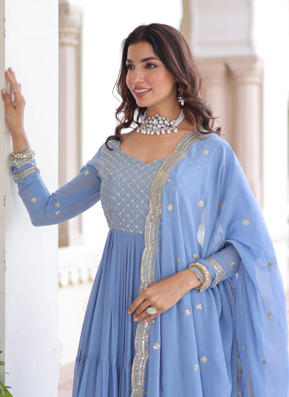 Sky Blue Faux Georgette Sequence Embroidered Three Layer Gown