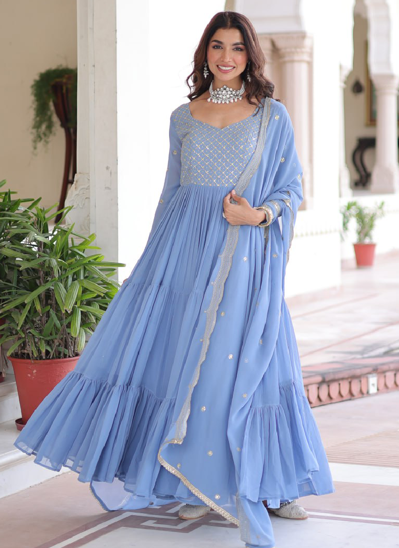 Sky Blue Faux Georgette Sequence Embroidered Three Layer Gown