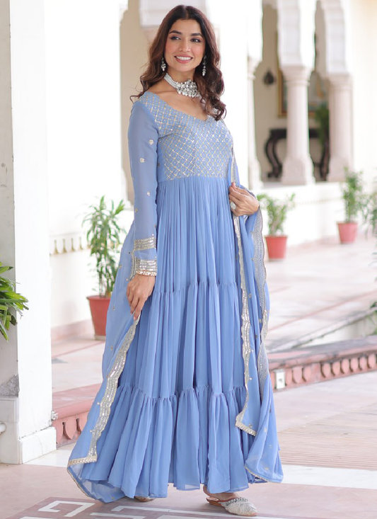 Sky Blue Faux Georgette Sequence Embroidered Three Layer Gown