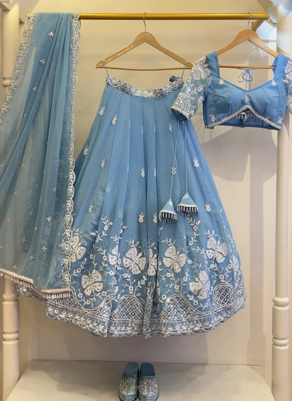 Sky Blue Embroidered Georgette Lehenga Choli for Wedding