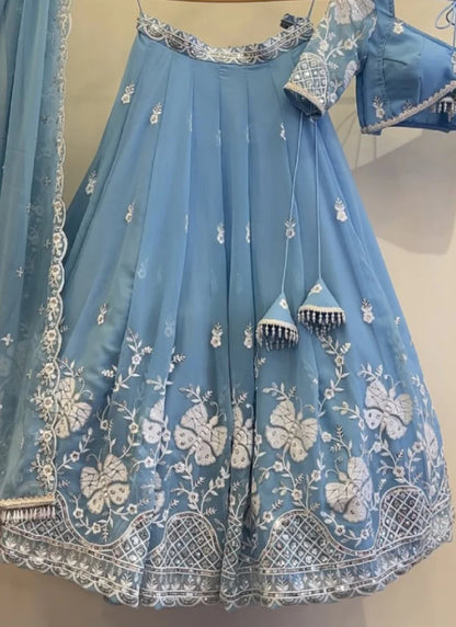 Sky Blue Embroidered Georgette Lehenga Choli for Wedding