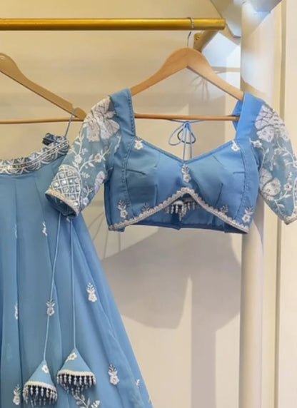 Sky Blue Embroidered Georgette Lehenga Choli for Wedding