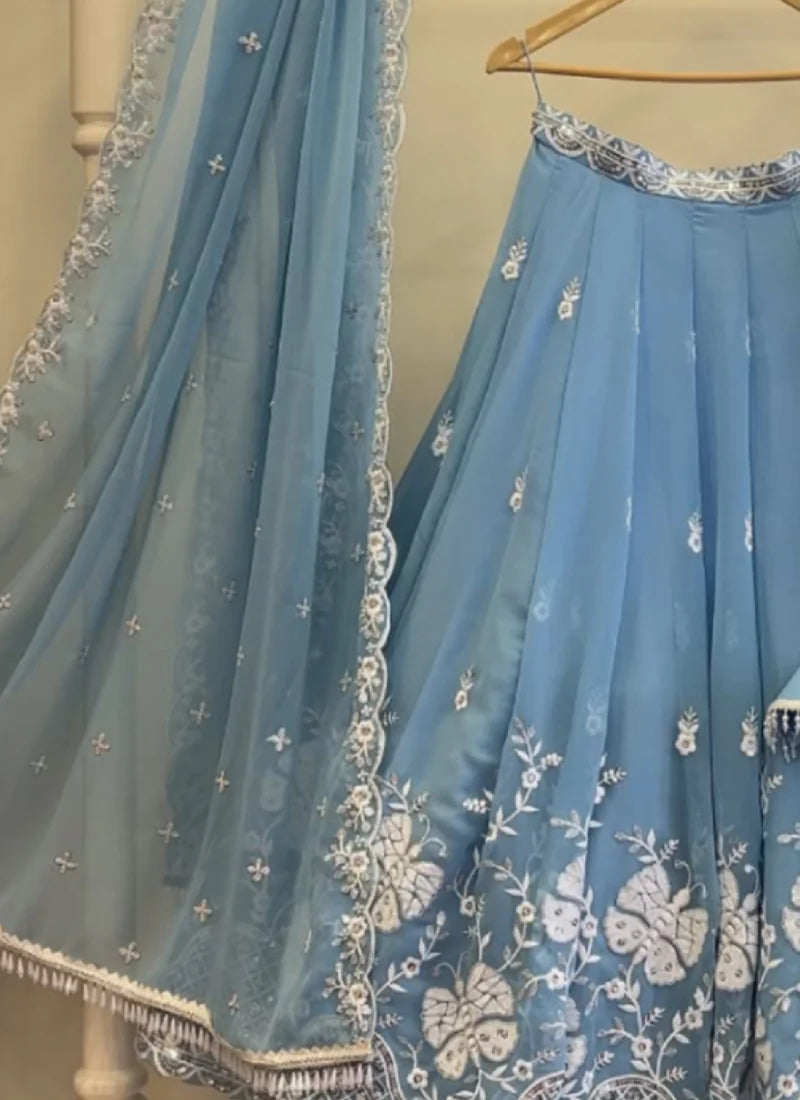 Sky Blue Embroidered Georgette Lehenga Choli for Wedding