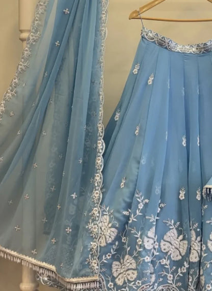 Sky Blue Embroidered Georgette Lehenga Choli for Wedding