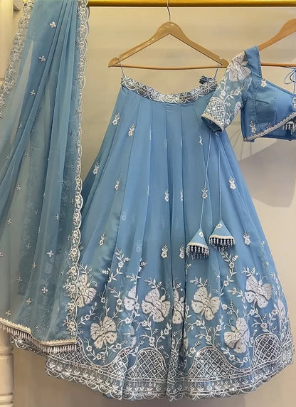 Sky Blue Embroidered Georgette Lehenga Choli for Wedding