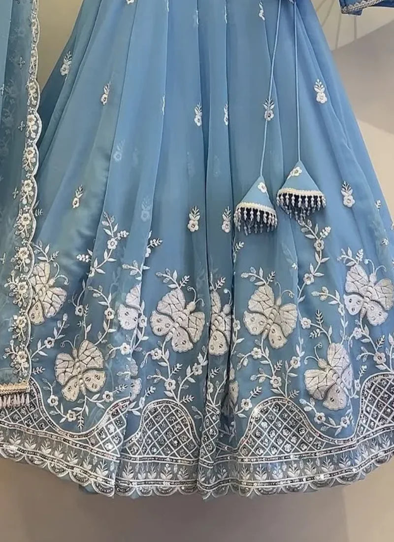 Sky Blue Embroidered Georgette Lehenga Choli for Wedding