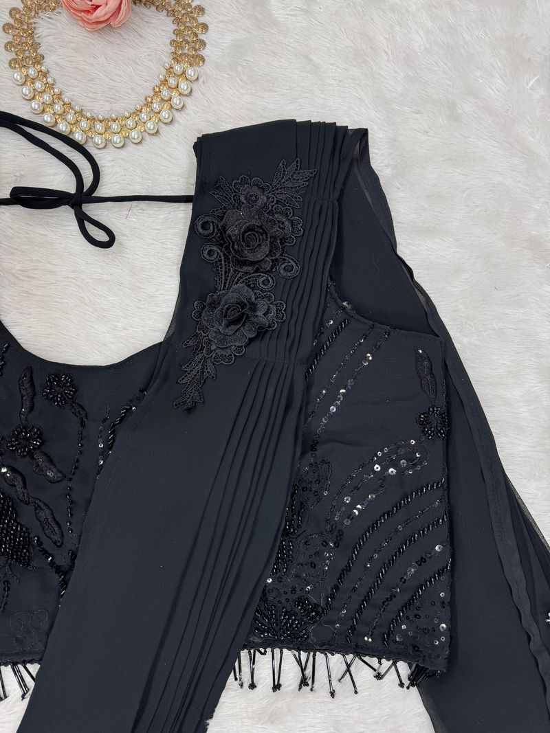 Black foux georgette sequence with Val with thread fancy lace ready to wear dhoti style