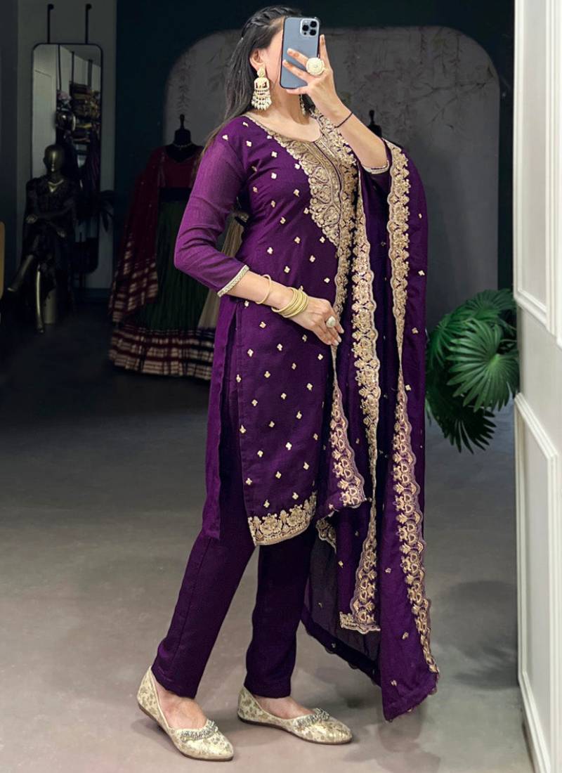 Thread Embroidered Purple Vichitra Silk Kurta Pant For Women