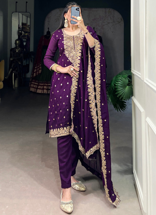 Thread Embroidered Purple Vichitra Silk Kurta Pant For Women