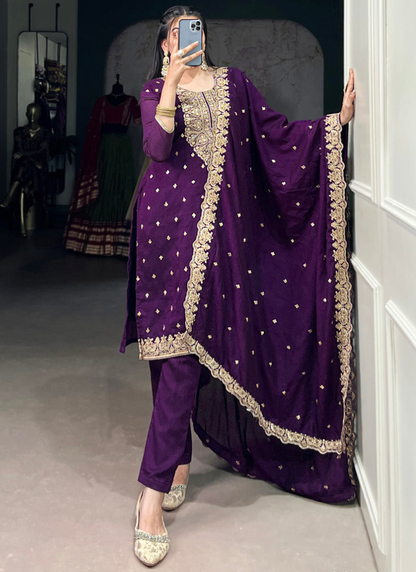 Thread Embroidered Purple Vichitra Silk Kurta Pant For Women