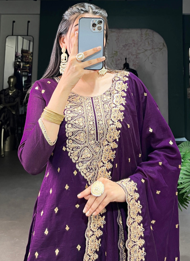 Thread Embroidered Purple Vichitra Silk Kurta Pant For Women