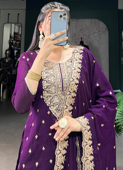 Thread Embroidered Purple Vichitra Silk Kurta Pant For Women