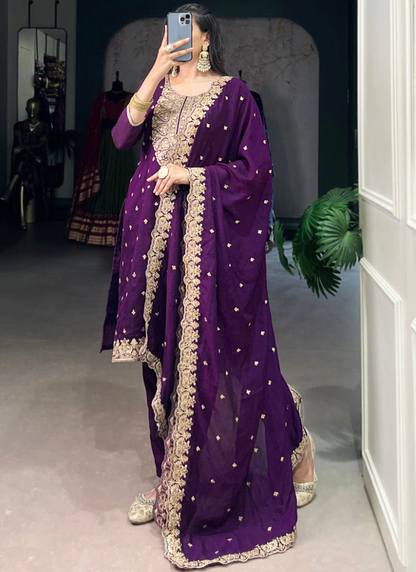 Thread Embroidered Purple Vichitra Silk Kurta Pant For Women