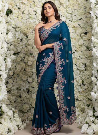 Embroidered Teal Blue Rangoli Silk Heavy Saree With Blouse