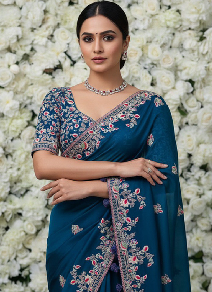 Embroidered Teal Blue Rangoli Silk Heavy Saree With Blouse