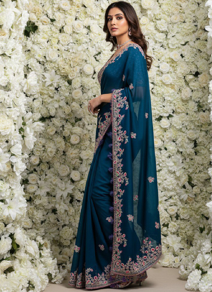 Embroidered Teal Blue Rangoli Silk Heavy Saree With Blouse