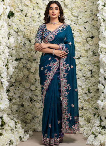 Embroidered Teal Blue Rangoli Silk Heavy Saree With Blouse