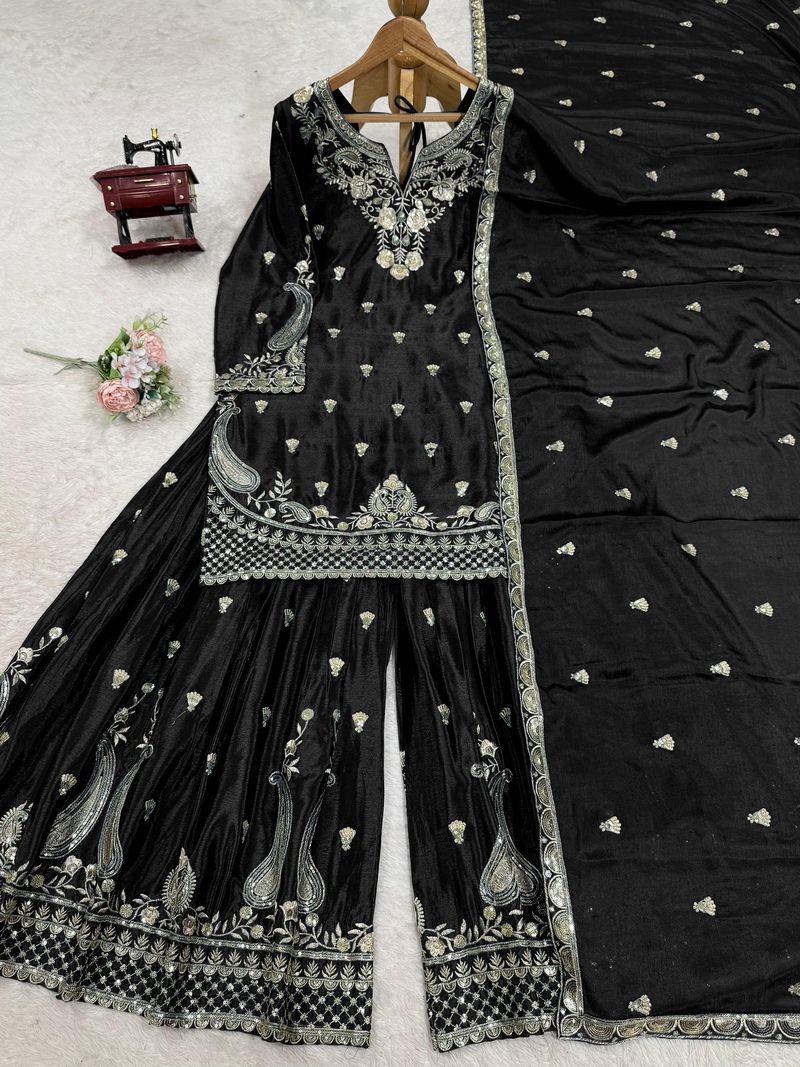 Black chinon silk thread with Sequence top & palazzo and dupatta