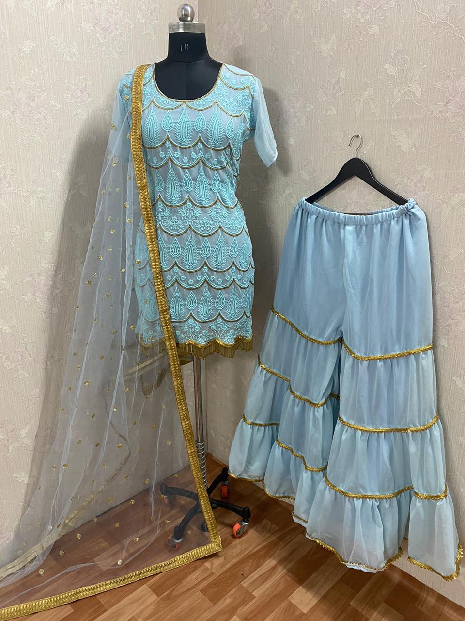 Beautiful Embroidery Work Sky Blue Sharara Suit
