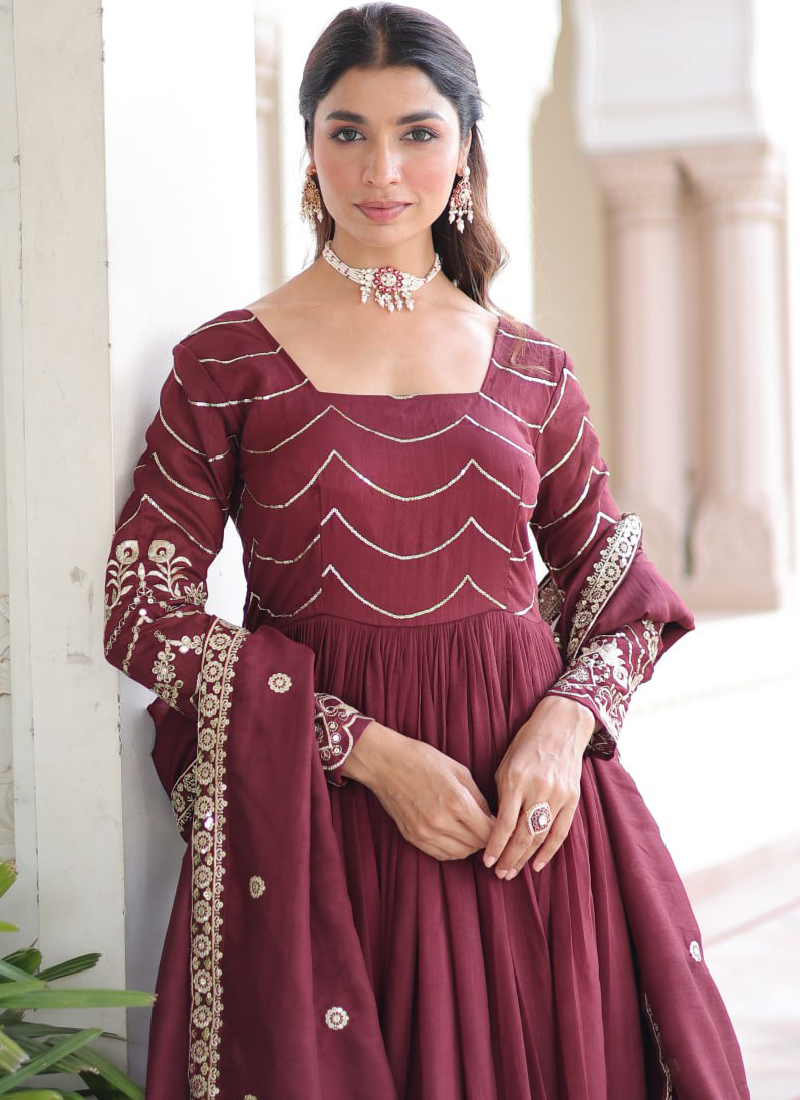 Vichitra Silk Zari Work Maroon Gown With Dupatta