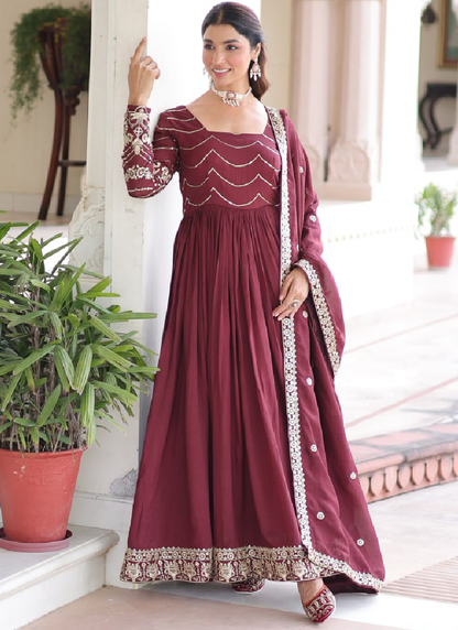Vichitra Silk Zari Work Maroon Gown With Dupatta