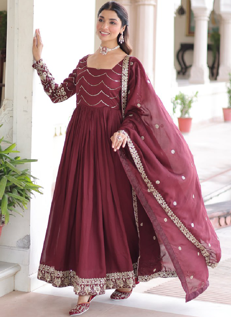 Vichitra Silk Zari Work Maroon Gown With Dupatta