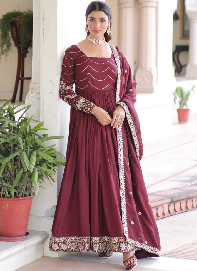 Vichitra Silk Zari Work Maroon Gown With Dupatta