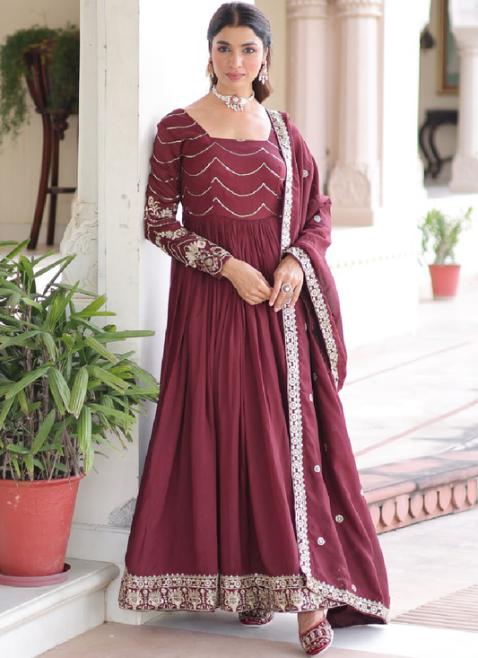 Vichitra Silk Zari Work Maroon Gown With Dupatta