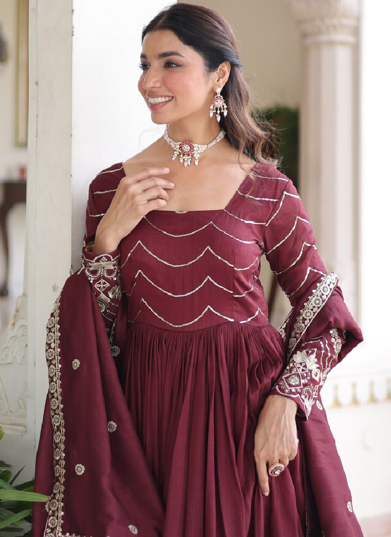 Vichitra Silk Zari Work Maroon Gown With Dupatta