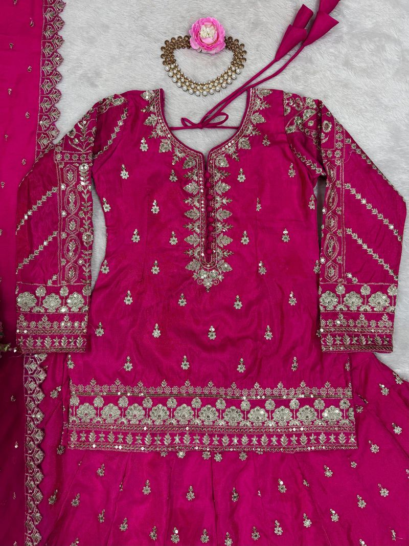 Rani silk thread with sequence embroidery work top lehenga with dupatta