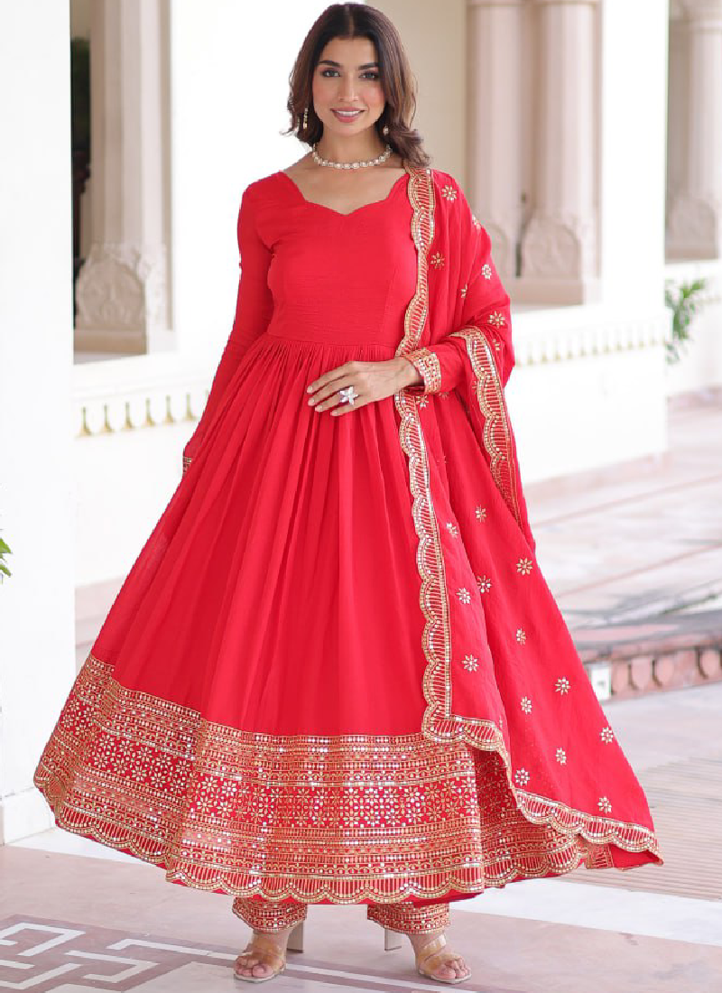 Vichitra Silk Intricate Embroidered Red Anarkali Gown