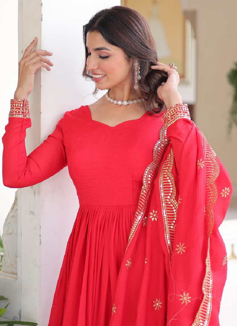 Vichitra Silk Intricate Embroidered Red Anarkali Gown