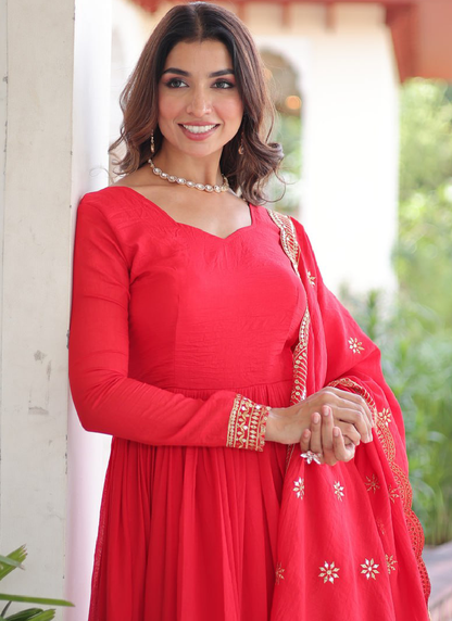 Vichitra Silk Intricate Embroidered Red Anarkali Gown