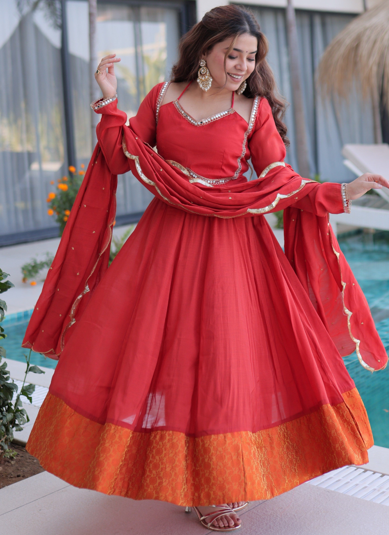 Chanderi Real Mirror Lace Border Red Anarkali Gown Set